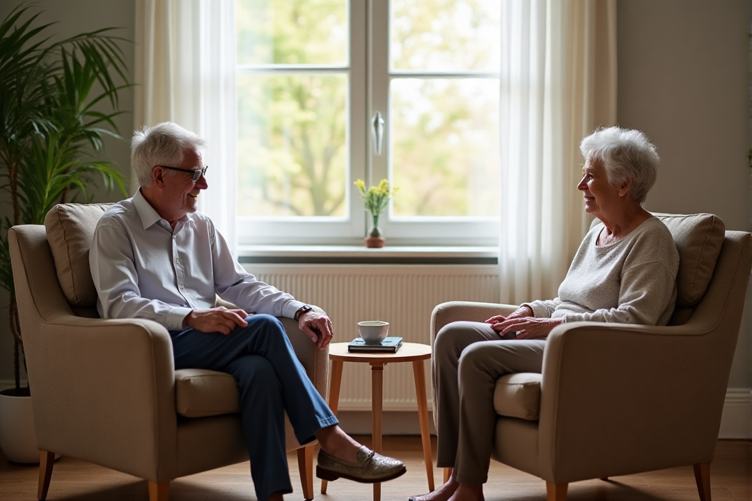 older woman and mid agae man in living room